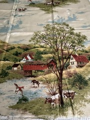 Vintage United Fabrics Silk Blend Scenic Slub Fabric Remnant Country Scene 44×30