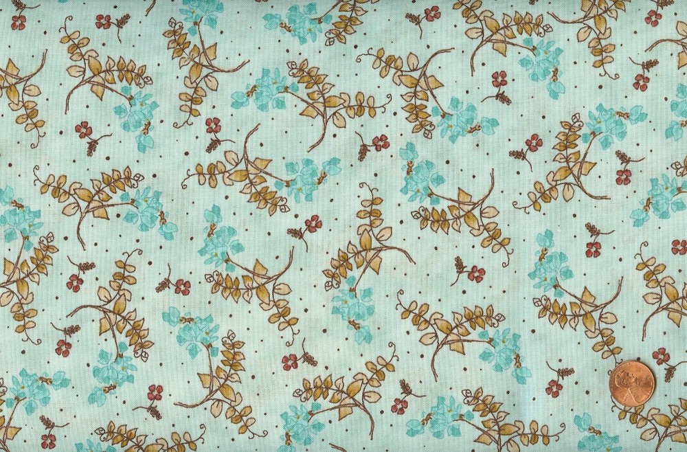 ‘MELODY’ BIRD BRANCHES ON TURQUOISE FABRIC – QUILTING TREASURES