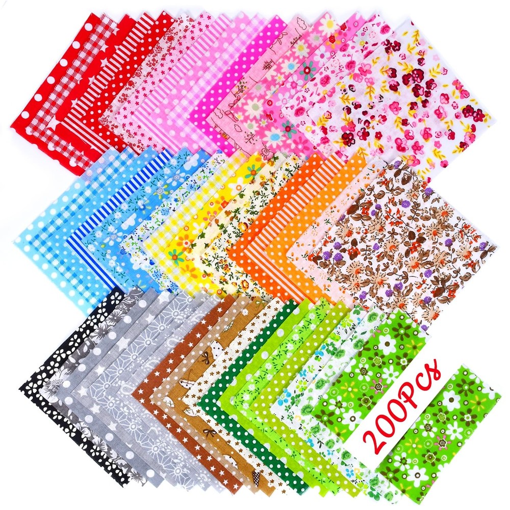 200 Pcs 4″ x 4″ (10cm x 10cm) Cotton Craft Fabric Bundle Squares, Pre-Cut Flo…