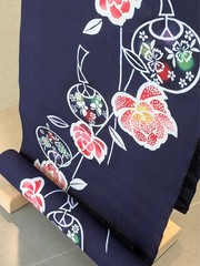 Japanese Kimono Yukata Bolt Cotton 100% Navy Blue 12m Colored Floral Fan Unused