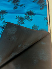 Vtg.silk fabric/material Peacock blue with Black Foral design, made in Hong Kong