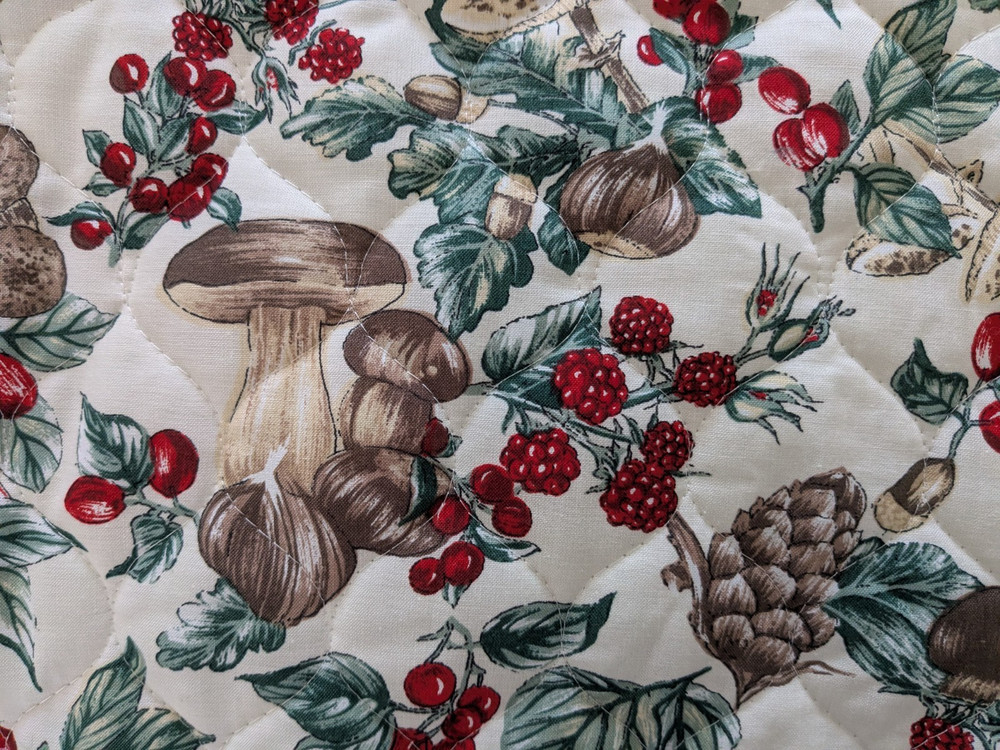 BTY x 44″ Fabri-Quilt QUILTED Fabric WINTER BERRIES Mushrooms PINE CONES