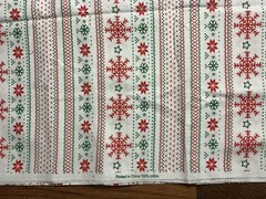Christmas Holiday Striped Snowlake Fabric Red Green On White 2 Yards X 44in