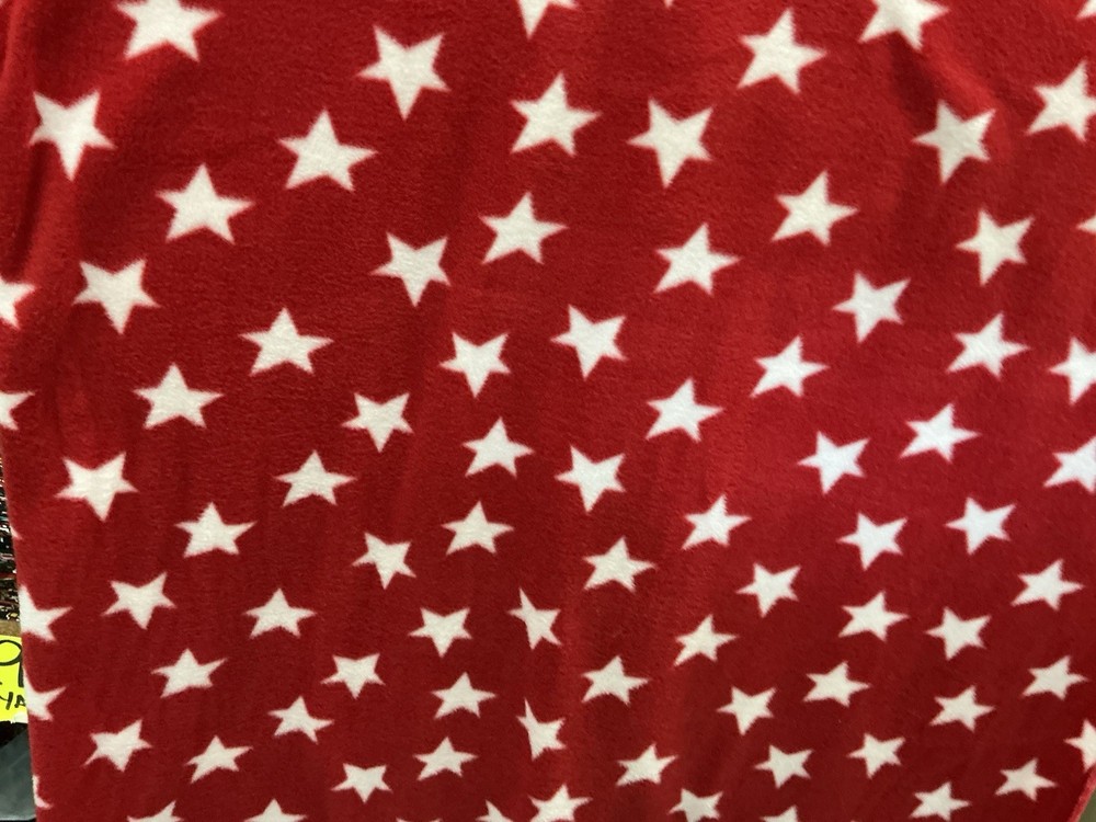 Red American White Stars Print Fleece Fabric – 60″ Wide – Sold by The Yard