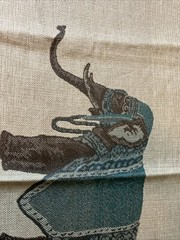 Fabric Sample Warrior Elephant Blue Green Ecru Grey Rectangle 28”X 17”silk Linen