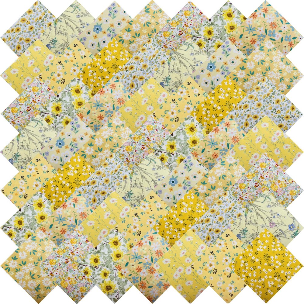 50 PCS 5×5 Inch 100% Cotton Floral Fabric Squares Bundles Yellow Quilting DIY