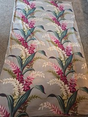 MCM Vintage Barkcloth Leaves 2 Pc 79Lx 45 Multi Red Green Ivory Grey
