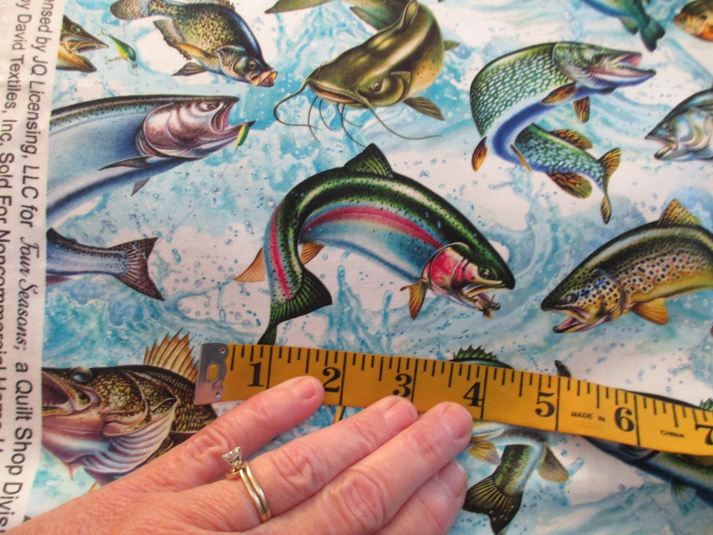 1 Fat Quarter New Cotton Fabric Large Colorful Fish Trout Bass Catfish