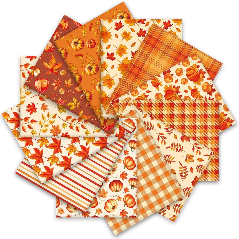 JarThenaAMCS 12 Pcs Fall Cotton Fabric Bundles Orange Pumpkin Leaves Plaid Fa…