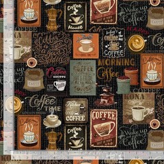 Food Fabric | Coffee Sign Collage Print Black | Timeless Treasures YARD