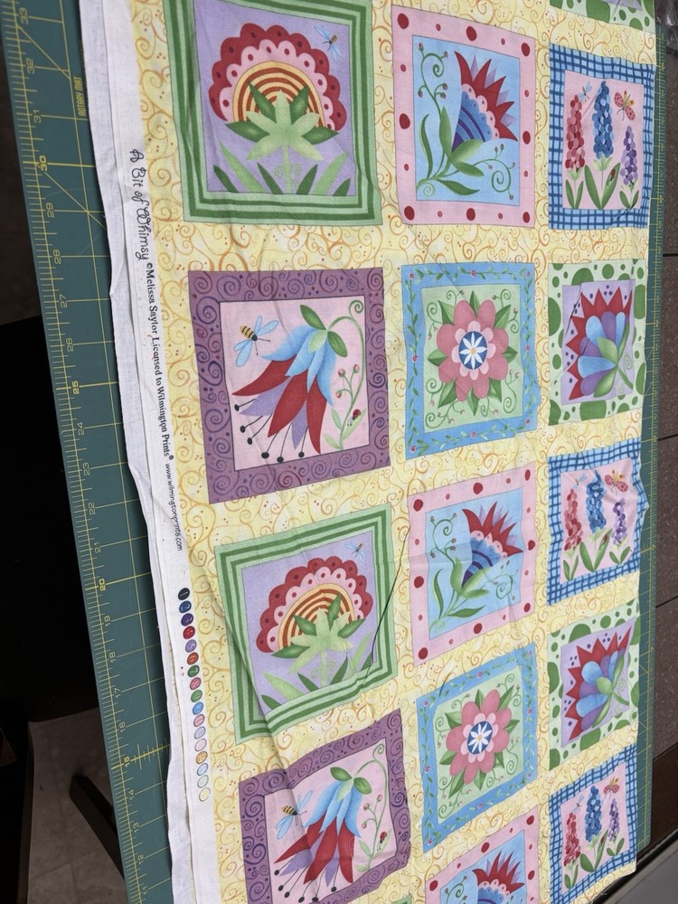 Wilmington Prints ~”A Bit of Whimsy” Flowers in Squares ~ Cotton Fabric 36″x44″