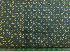 JOANN – MINI-METALLIC GOLD CHRISTMAS TREES ON DARK GREEN COTTON- BY THE YARD