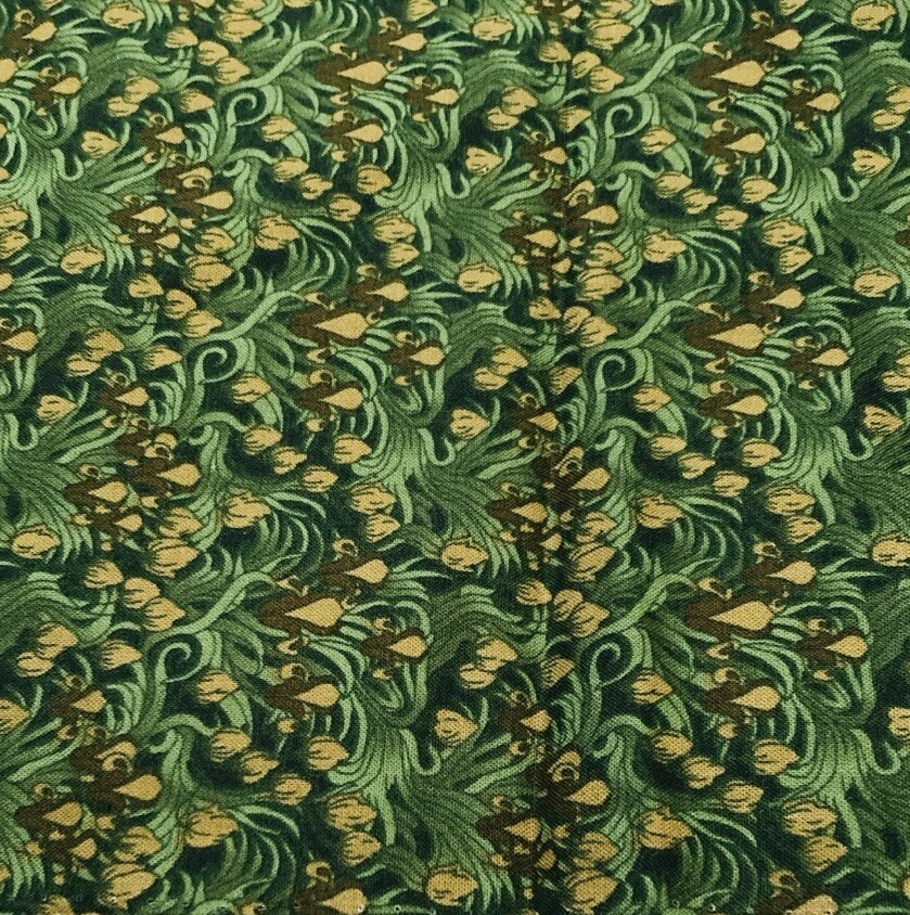 Green Tan Art Nouveau Flower Buds Beth Ann Bruske 2.25Y x 44″W David Textiles