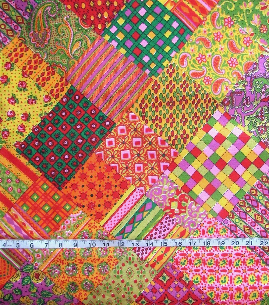 1 yd Polyester Nylon(?) Fabric Multi-Colored & Designs, Slightly Stiff Feel