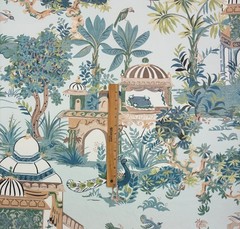 THIBAUT MYSTIC GARDEN SPA BLUE PEACOCK TEMPLE TOILE MULTIUSE FABRIC BY YARD 54″W