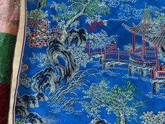 6yds Japanese Temple Courtyard Blue Silk Brocade Fabric Cherry Blossom Vtg READ!