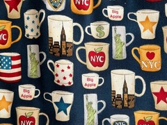 New York City Coffee Mugs Fabric Cotton NYC Symbols. One Yard