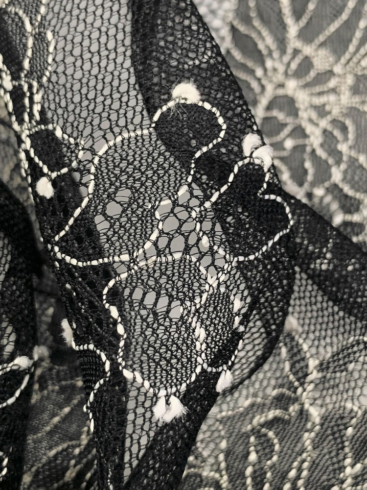 Floral Lace Fabric Black Netting White Embroidered Flowers By the Yard