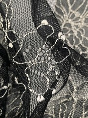 Floral Lace Fabric Black Netting White Embroidered Flowers By the Yard