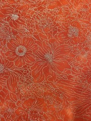 Vtg Metallic Floral Quilting Fabric 2.5 Yards Cotton Silver Tangerine Print