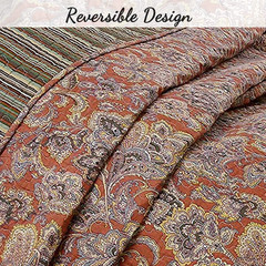 Red Orange Vintage Reversible 100% Cotton 3-Piece Quilt Bedding Set, Coverlet Be