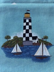 WARREN KIMBLE FABRIC~Coastal Scene~LIGHTHOUSES~Sailboats~FLAGS~Teal Bkgrnd~OCEAN