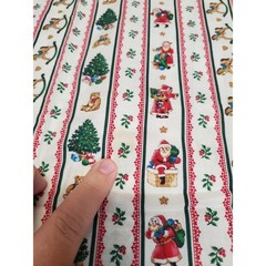 Vintage Christmas Stripe Tree Bear Santa Cottage Retro Cotton Fabric 2 yards