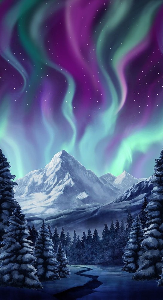 24″ Fabric Panel | Timeless Treasures Northern Lights Aurora Mountain Scene