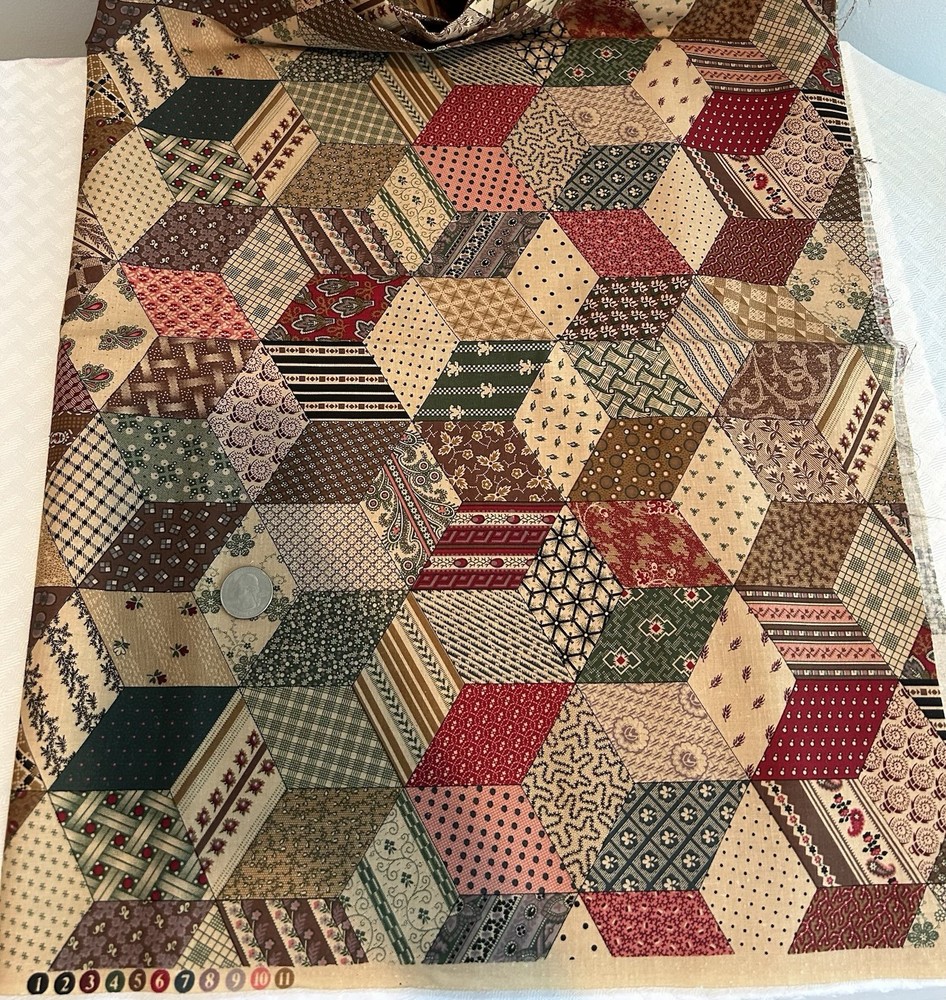 Cheater Quilt Fabric Cotton Autumn Fall Colors 1 1/2 Yards 44” Wide Block Square