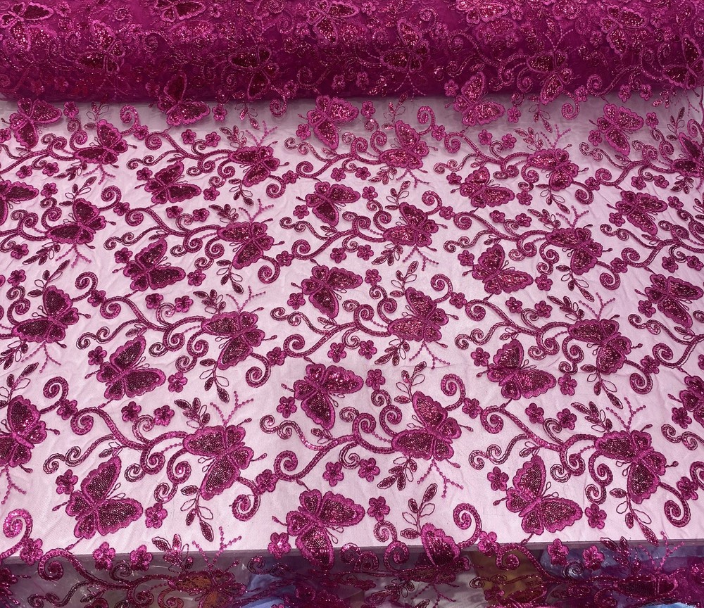 Fuchsia Butterfly Sequin Lace – 3D Embroidered Floral Mesh Couture Beaded Fabric