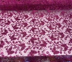 Fuchsia Butterfly Sequin Lace – 3D Embroidered Floral Mesh Couture Beaded Fabric