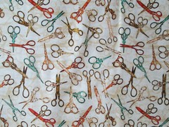 SCISSORS SEWING ITEMS HAIR SCISSOR VARIETY COLORS TAN INLAY COTTON FABRIC FQ