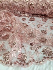 Blush Pink Embroidered Lace Butterflies Sequins Fabric By Yard Quinceañera