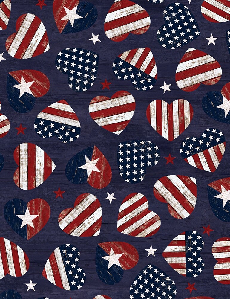 Patriotic Fabric – USA Star & Stripe Heart Toss Blue – Timeless Treasures YARD