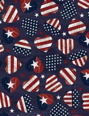 Patriotic Fabric – USA Star & Stripe Heart Toss Blue – Timeless Treasures YARD