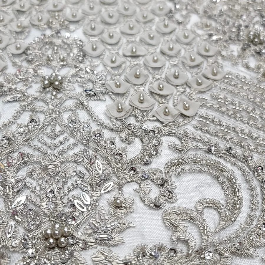 Silver Beads Lace Fabric By The Yard Embroidery 3d Chiffon Leaves Sequins Lace