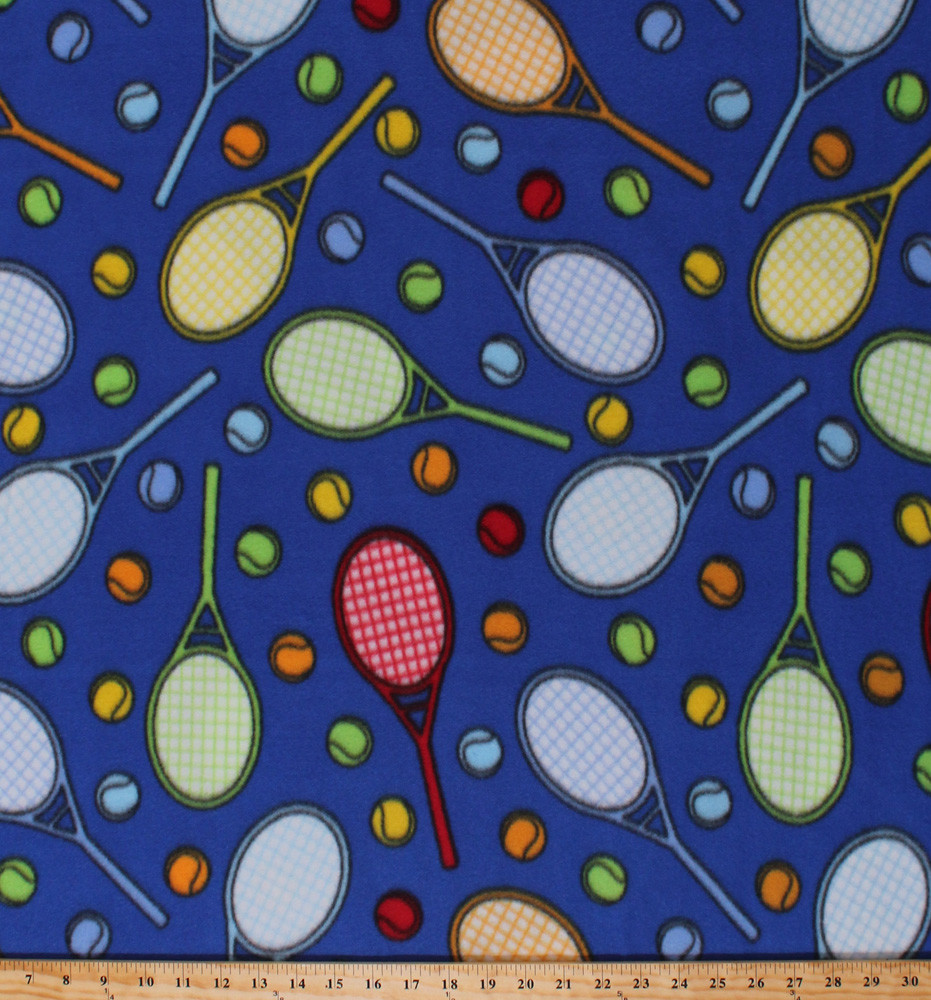 Multi-Colored Tennis Rackets Balls Royal Blue Sports Fleece Fabric Print A408.38
