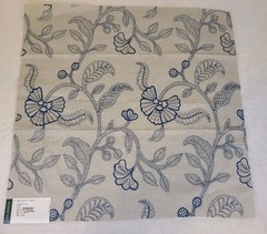 G P & J Baker Fabric Sample Blue Tan 100% Linen 20 1/2″ X 20 1/2″ Embroidered