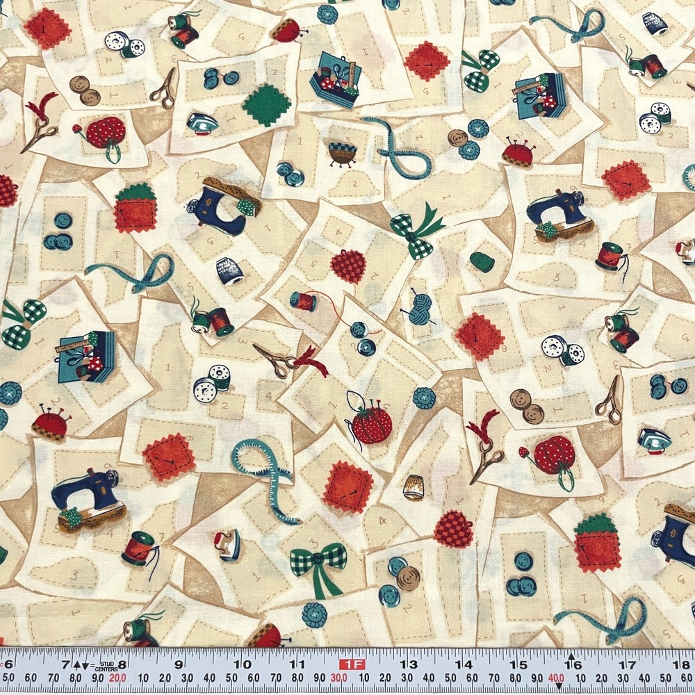 Vintage 2002 Classic Cottons Sewing Theme Cream Beige Cotton by the HALF YARD