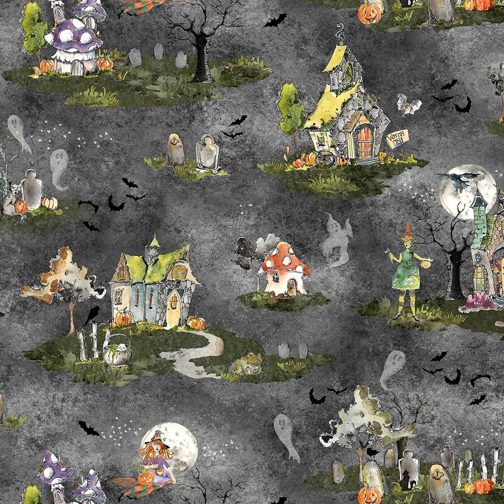Witch’s Tale Digital Toile Y4786-7 Dark Gray HALLOWEEN Fabric