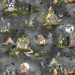 Witch’s Tale Digital Toile Y4786-7 Dark Gray HALLOWEEN Fabric