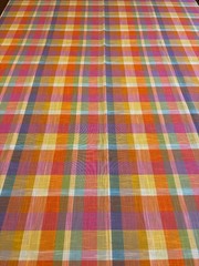 Vintage Madras Plaid Fabric Remnant 109.5×44 Pink Orange Blue Lightweight Boho