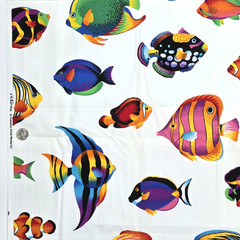 VTG VIP Cranston Tropical Aquarium Fish Bright On White Cotton Fabric 2 YD x 45″
