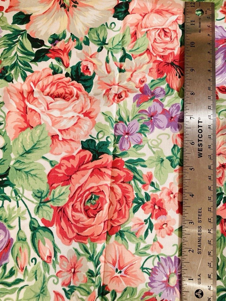 Med Pink Purple Flowers Green Leaves on White Large Print Fabric 1Y VTG Cranston