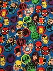 Licensed Marvel Cotton Fabric – Super Hero Stickers on blue background – 1/2 yd