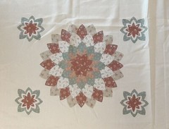 Vtg. Fabric *Cheater Quilt Top 72″L X 61″ W *Tan/Green Floral Medallions