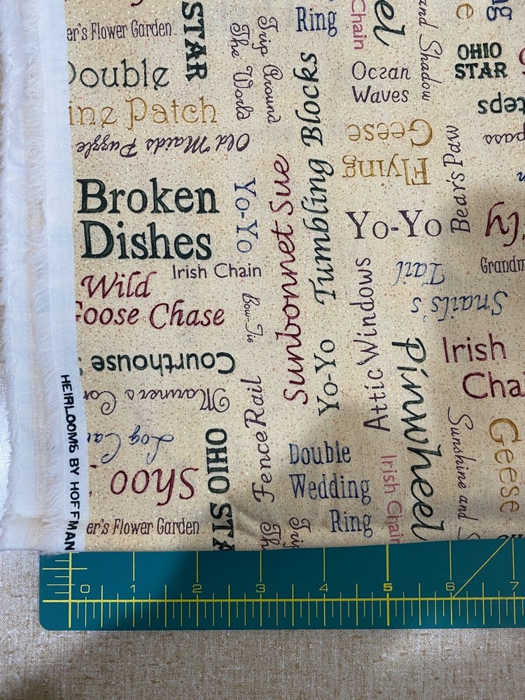 Sewing theme Quilt Pattern Names on Cream Quilt Cotton fabric, Hoffman 1/2 yd