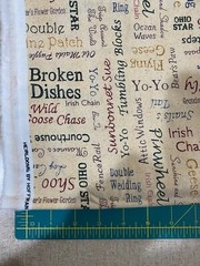 Sewing theme Quilt Pattern Names on Cream Quilt Cotton fabric, Hoffman 1/2 yd