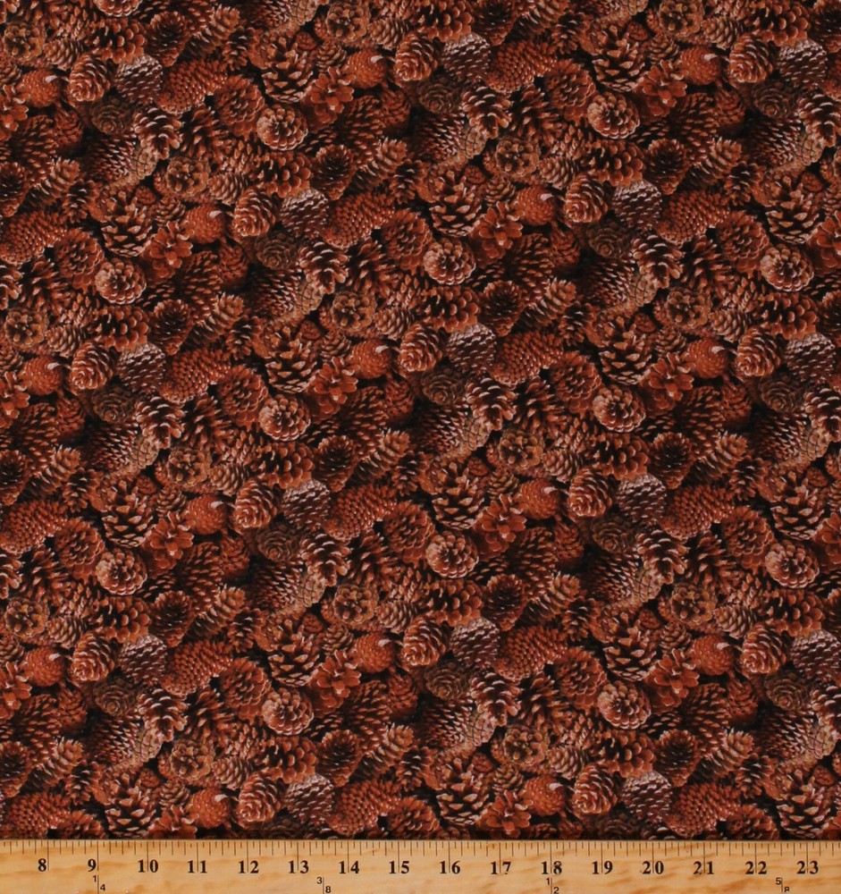 Cotton Pinecones Trees Bark Christmas Landscape Fabric Print by the Yard D514.41