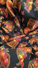 Fall Pumpkin Leaves Grapes Cornucopia Fabric w Gold 4.4 Yards Lot Fruit Fabric